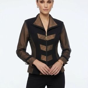 Vintage Black Jacket with Bronze Mesh Accents - Women's Tailored Zip Blazer